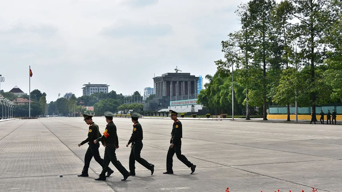 Honour guards marching across Ba Dinh Square in Hanoi