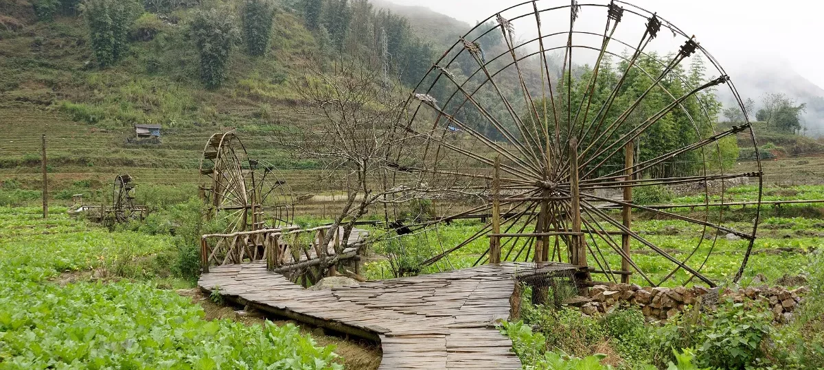 Wooden water wheels on the stream in Cat Cat Village near Sapa