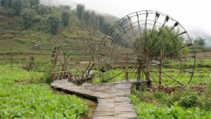 Wooden water wheels on the stream in Cat Cat Village near Sapa