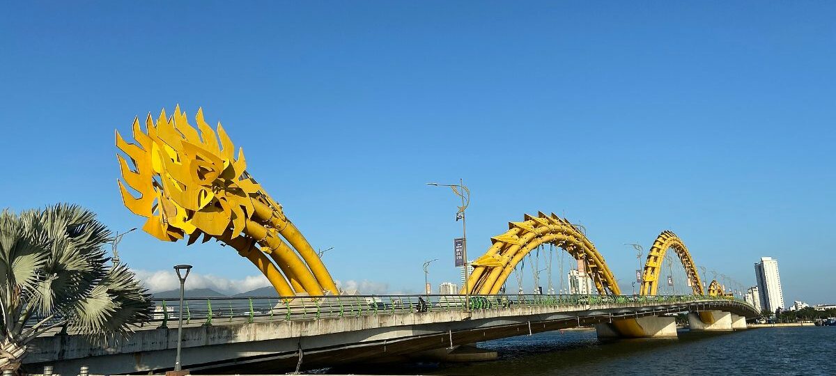 Golden dragon head of the Dragon Bridge over the Han River in Da Nang