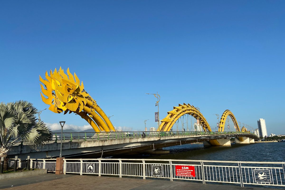 Golden dragon head of the Dragon Bridge over the Han River in Da Nang