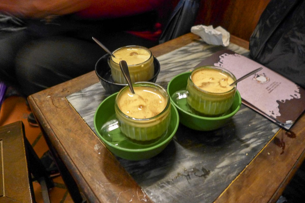 Three cups of Hanoi egg coffee (ca phe trung) with whipped egg-yolk foam