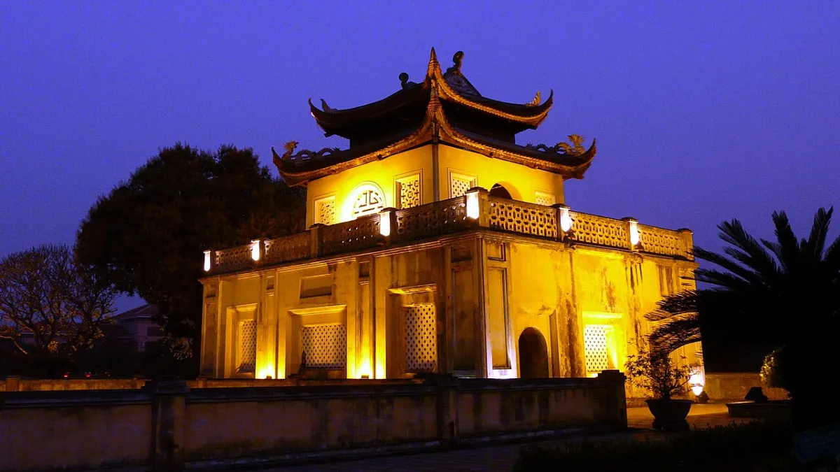 Gate pavilion of the Imperial Citadel of Thang Long lit up at night, Hanoi