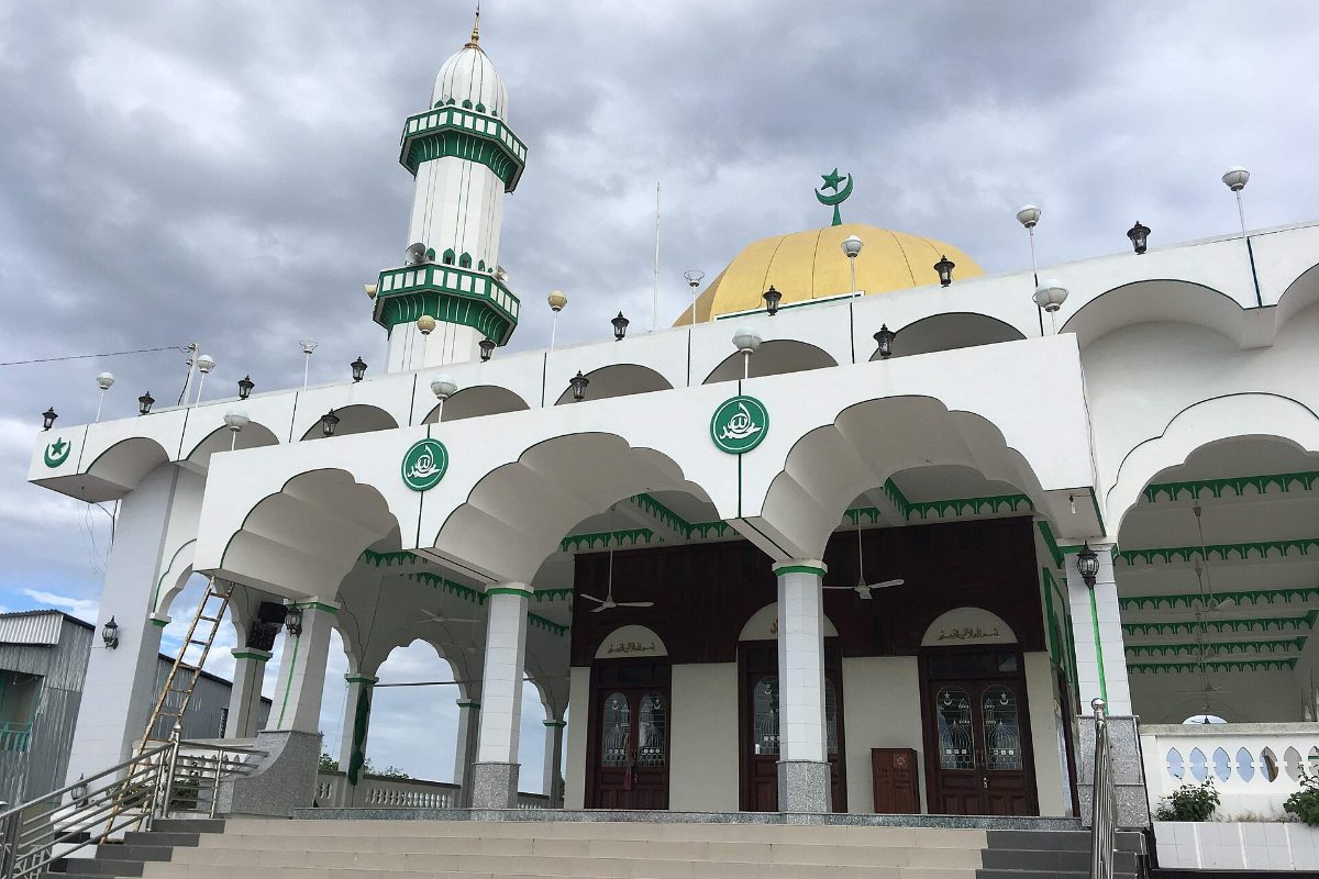 Cham Muslim mosque with white domes and minaret near Chau Doc, An Giang