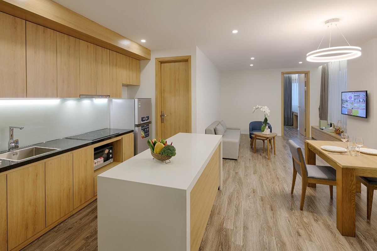 Kitchen of the Residence apartment at Parosand Danang Hotel