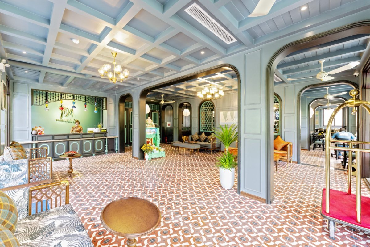 Lobby with patterned floor tiles at Son Hoi An Boutique Hotel